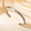 Minimalist silver-toned Viking rune open bangle with engraved geometric patterns - Diamond Pattern-Steel (szkk121)