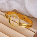 Gold-plated stainless steel hinge bracelet featuring Greek fret pattern and crystal circle - Greek Meander Pattern Style (sztx232g)