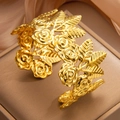 Chunky 18k gold plated stainless steel open bangle with detailed rose floral design - Gold