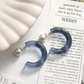 Close-up of matte blue translucent resin C-shaped hoop earrings on a shell tray - Grey Blue C-Shape One Piece