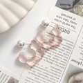 Detailed macro view of pink translucent resin flower earrings with large white pearl studs - Pink Flower One Piece