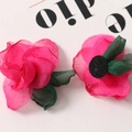 Detail of DIY rose pink chiffon fabric flower with green leaves for hair accessories - Red