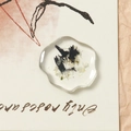 Detailed macro view of dark transparent resin charm with dried black leaves and white flowers - Single Dried Flower Patch