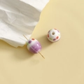 Detail view of handcrafted white ceramic beads with colorful dots for DIY jewelry making - Hand-painted Polka Dot Oval Bead (99#) / 1 Piece / Purple