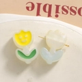 Detail of sweet 3D acrylic tulip stud earrings in yellow smile and white glitter - Yellow