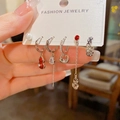 Vintage red gourd pearl earring set with silver chain fringe tassels for women - Red Wu Lou Pearl Chain / Silver
