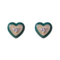 Élégantes boucles d'oreilles cœur en émail vert avec diamants étincelants et or - Cœur Émail Strass / Vert