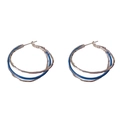 Boucles d'oreilles créoles à trois couches argentées et anneau en émail bleu chic - Créole Émaillée Multi-Couches Bleue (B06-501) / Bleu