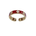 Bague ouverte vintage en émail rouge avec motif de losange étincelant pour femme - Bague Ouverte Fleur à Quatre Feuilles en Émail et Strass / Rouge