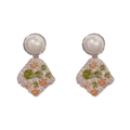 Exquisite drop earrings with white pearls and olive green and orange pavé crystals - Silver