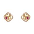 Boucles d'oreilles Fu dorées luxueuses avec zircons et une pierre précieuse carrée rouge - Boucles d'oreilles clous / Or