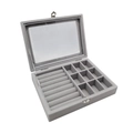 Gray suede jewelry organizer box with transparent window and metal clasp for rings - Square Grid Organizer / Gray