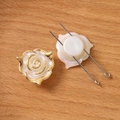 Detail of white rose charms with gold trim and metal pins on wooden background - Large Three Petal Flower Style