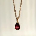Vintage 18k gold plated necklace with teardrop red zircon and paperclip link chain - January
