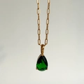 Elegant 18k gold plated paperclip chain necklace with pear-cut green zircon pendant - May