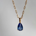Minimalist 18k gold plated titanium steel necklace with pear-shaped dark blue zircon - December