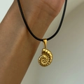 18k gold plated stainless steel nautilus ammonite shell pendant on black cord necklace - Gold