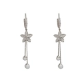 Elegant floral tassel earrings with zircon petals and white pearls in silver finish - Zircon Flower Pearl Tassel Ear Hook / Silver