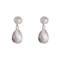 Elegant natural pearl drop earrings with brushed silver metal teardrop design - Pearl White And Matte Gold