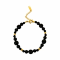 Chic black beaded bracelet with gold accents and lobster clasp for women - Black Agate Gold Bracelet