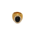 Vintage 18k gold plated ring with black oval stone and white enamel texture details - US 5 / Gold Black Stone
