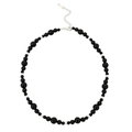 Retro black beaded necklace featuring agate style beads with silver metallic spacers - Black Agate Silver Necklace