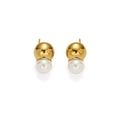 Elegant gold metal ball and white pearl stud earrings on a minimalist white background - Gold