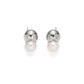 Minimalist silver stud earrings with vertical metallic ball and white pearl design - Silver