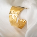 Minimalist 18k gold plated stainless steel wide open cuff bracelet with hammered texture - B799 Large Hammered Gold