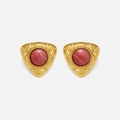 Vintage style 18k gold plated earrings with pink marble resin stones in a shield shape - Gold Red Zircon Earrings