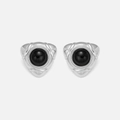Minimalist silver triangle stud earrings with circular black stone inlay for women - Silver Black Zirconia Earrings