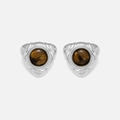 Minimalist triangle stud earrings in silver finish with round brown tiger eye stones - Silver Tiger Eye Zirconia Earrings