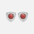 Silver triangle earrings with round red agate stones in minimalist vintage style - Silver Red Zirconia Earrings