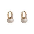Elegant gold earrings with square geometric pavé diamonds and white hanging pearls - Geometric Square Rhinestone Pearl Style / Gold