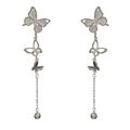 Silver butterfly drop earrings with long tassels and sparkling crystal zircons - Silver (Silver C07-314)