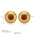 18k gold plated stainless steel vintage round stud earrings with red agate stone inlay - Gold Red Stone