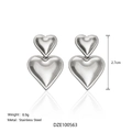 Silver stainless steel double heart drop earrings, 2.7cm length, polished finish - Style B - Silver