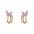 Elegant gold earrings with purple translucent butterflies, pearls and sparkling zircons - Gold Plated Rhinestone Artificial Pearl Purple Butterfly Ear Loop / Gold