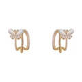 Golden double-layer butterfly stud earrings with rhinestones and white shell stones - Gold Plated Rhinestone Butterfly Triple Layer Stud / Gold