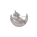 Unicorn and crescent moon brooch with crystal inlay and pearl-like shell finish - Silver