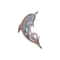 Exquisite silberne Delfinbrosche mit Zirkonia, blauem Edelstein und weißer Perle - Silber