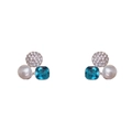 Boucles d'oreilles élégantes avec perle blanche, gemme carrée bleue et pavé de zircones - Bleu