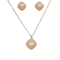 Elegant gold-plated jewelry set featuring geometric rhombic pearl pendants with cubic zirconia - Necklace & Earrings / Gold