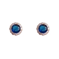 Élégantes boucles d'oreilles dorées avec saphir bleu rond et halo de cristaux brillants - Or Bleu