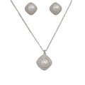 Silver jewelry set featuring round white pearl necklace and matching square zircon earrings - Necklace & Earrings / Silver