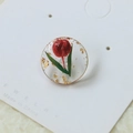 Transparent round resin charm with red tulip flower bud and gold foil flakes - Single Patch / Red