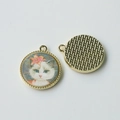 Japanese retro oil painting style cat alloy pendant for DIY jewelry and accessories - Red Flower Cat Round