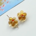 Amber yellow glass flower beads with gold foil and red center for DIY jewelry - 1 Piece / Brown