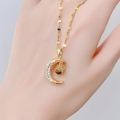 Golden moon pendant necklace with micro-pave crystals and round bead on fine chain - Projection Moon Shape (9085)