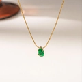 Minimalist 18K gold plated titanium necklace with a pear-cut emerald green gemstone pendant - Water Drop Style / Gold Green Zirconia (XKN0081)